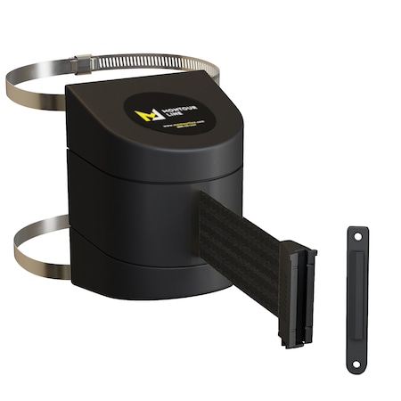 Montour Line Retractable Belt Barrier Black Clamped Mount, 30ft. Black Belt (F) PWM300-BK-BK-C-S-300